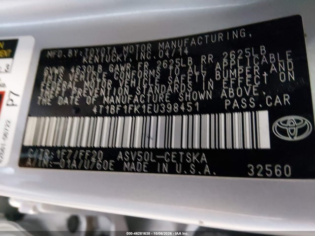 46281638 :رقم المزاد ، 4T1BF1FK1EU398451 vin ، 2014 Toyota Camry Se مزاد بيع