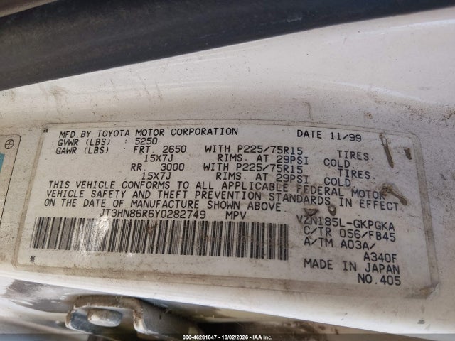 Продажа на аукционе авто 2000 Toyota 4runner Sr5 V6, vin: JT3HN86R6Y0282749, номер лота: 46281647