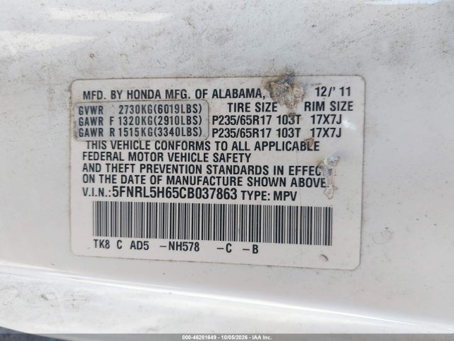 2012 Honda Odyssey Ex-l მანქანა იყიდება აუქციონზე, vin: 5FNRL5H65CB037863, აუქციონის ნომერი: 46281649