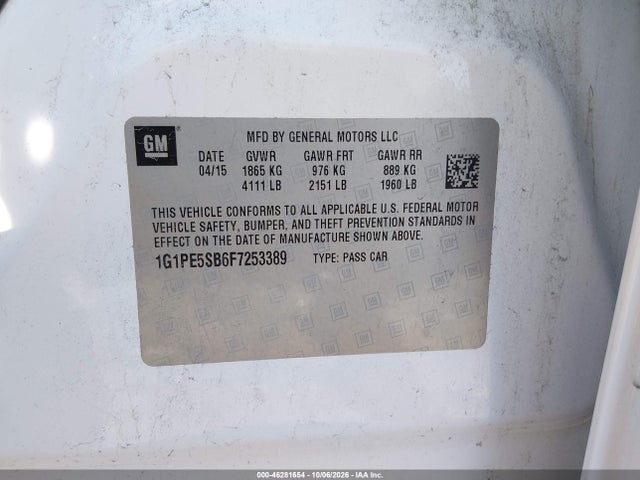 2015 Chevrolet Cruze 2lt Auto მანქანა იყიდება აუქციონზე, vin: 1G1PE5SB6F7253389, აუქციონის ნომერი: 46281654