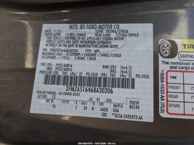 Aukcja sprzedaży 2006 Ford Freestar Se, vin: 2FMZA51646BA30206, numer aukcji: 46281670