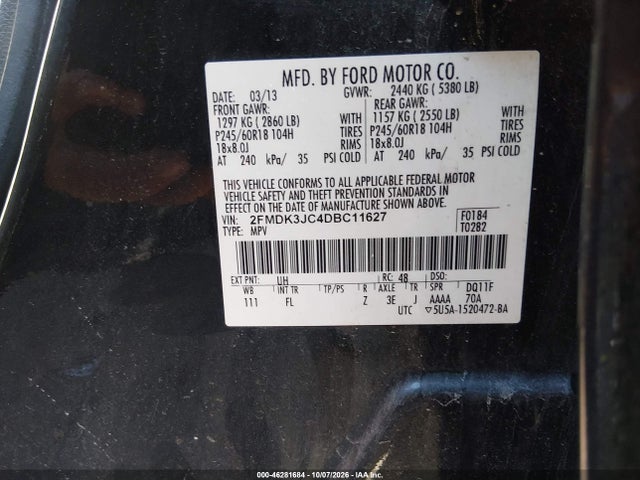 Aukcja sprzedaży 2013 Ford Edge Sel, vin: 2FMDK3JC4DBC11627, numer aukcji: 46281684