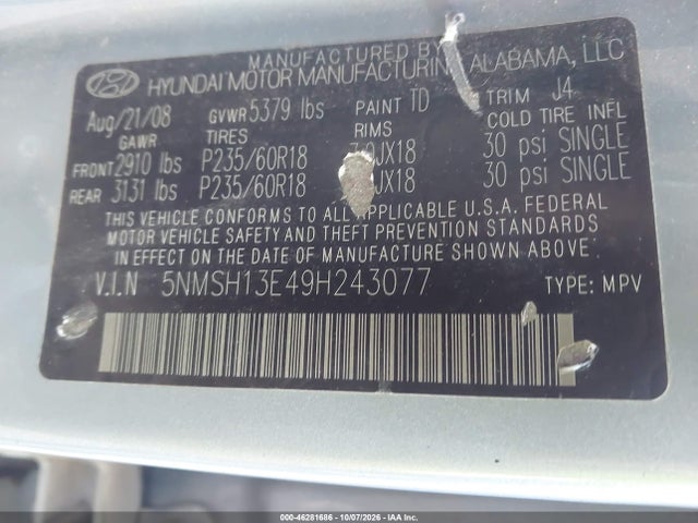 46281686 :رقم المزاد ، 5NMSH13E49H243077 vin ، 2009 Hyundai Santa Fe Se مزاد بيع