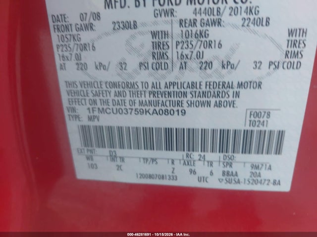 Продаж на аукціоні авто 2009 Ford Escape Xlt, vin: 1FMCU03759KA08019, номер лоту: 46281691