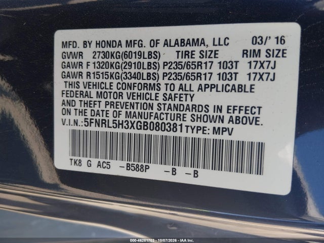 46281703 :رقم المزاد ، 5FNRL5H3XGB080381 vin ، 2016 Honda Odyssey Se مزاد بيع