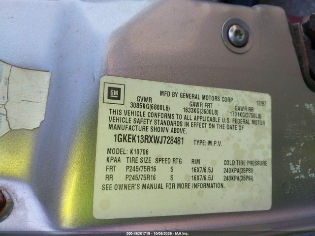 Продаж на аукціоні авто 1998 Gmc Yukon Slt, vin: 1GKEK13RXWJ728481, номер лоту: 46281719