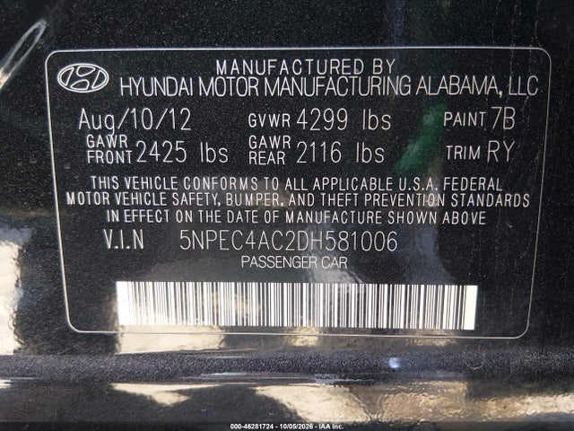 Aukcja sprzedaży 2013 Hyundai Sonata Limited, vin: 5NPEC4AC2DH581006, numer aukcji: 46281724