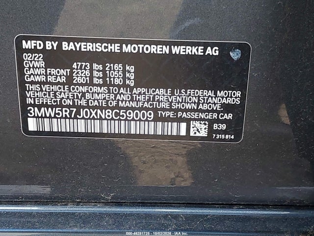 Aukcja sprzedaży 2022 Bmw 330i Xdrive, vin: 3MW5R7J0XN8C59009, numer aukcji: 46281725