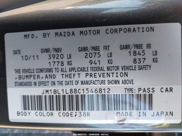 Aukcja sprzedaży 2012 Mazda Mazda3 I Touring, vin: JM1BL1L88C1546812, numer aukcji: 46281731