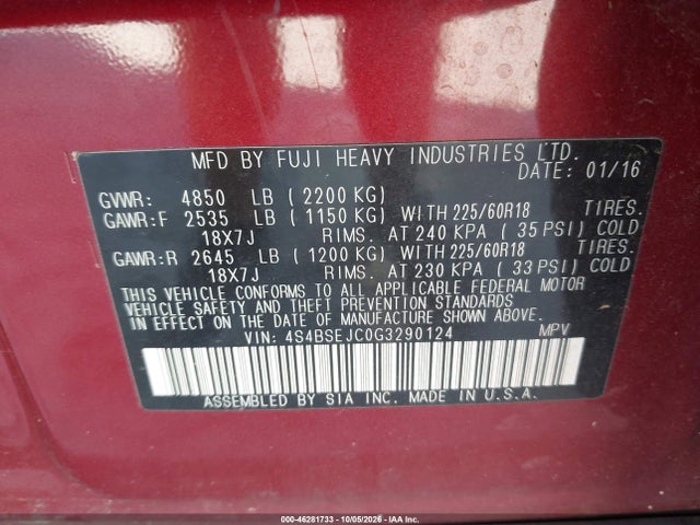 Продаж на аукціоні авто 2016 Subaru Outback 3.6r Limited, vin: 4S4BSEJC0G3290124, номер лоту: 46281733