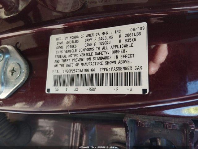 Aukcja sprzedaży 2009 Honda Accord 2.4 Ex, vin: 1HGCP26709A166164, numer aukcji: 46281734