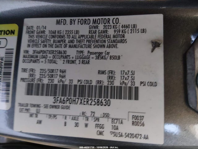 Продаж на аукціоні авто 2014 Ford Fusion Se, vin: 3FA6P0H7XER258630, номер лоту: 46281735