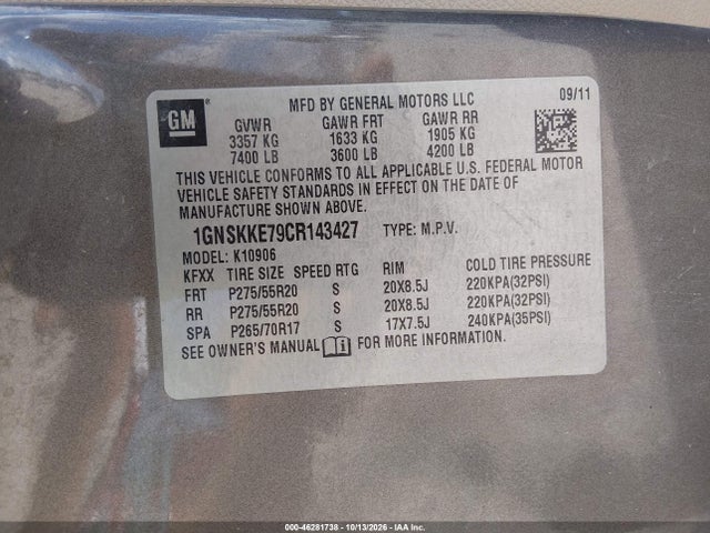 Продажа на аукционе авто 2012 Chevrolet Suburban 1500 Ltz, vin: 1GNSKKE79CR143427, номер лота: 46281738