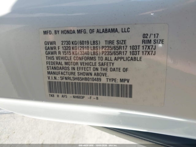 Honda Odyssey Ex-l 2017 5FNRL5H65HB010489 Image 9