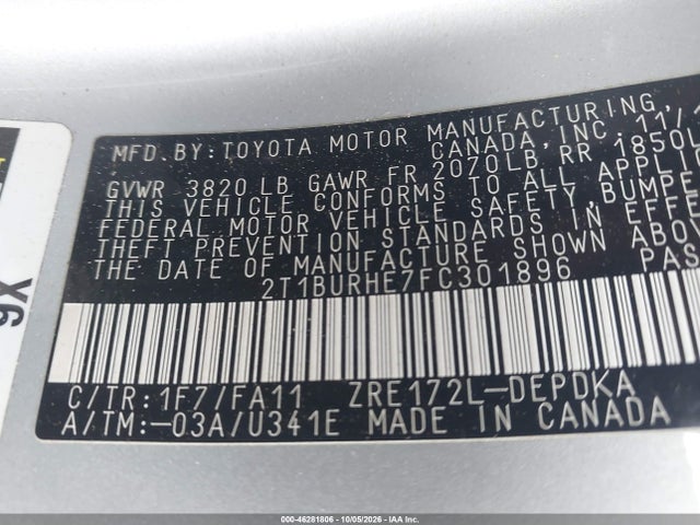 46281806 :رقم المزاد ، 2T1BURHE7FC301896 vin ، 2015 Toyota Corolla L مزاد بيع