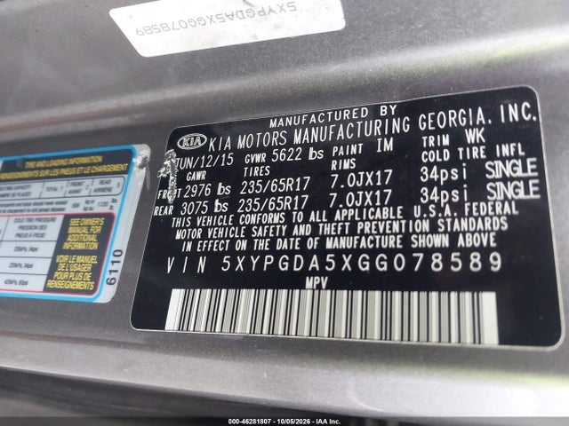 Продажа на аукционе авто 2016 Kia Sorento 3.3l Lx, vin: 5XYPGDA5XGG078589, номер лота: 46281807