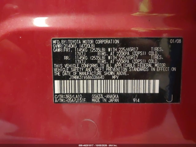 Aukcja sprzedaży 2008 Toyota Rav4 Limited V6, vin: JTMBK31V686036640, numer aukcji: 46281817