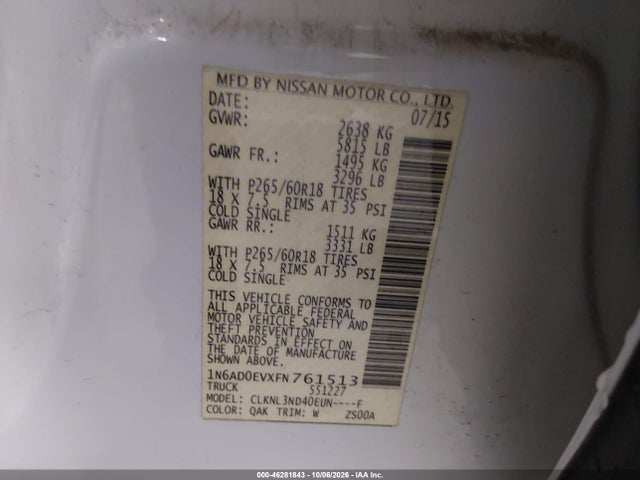 46281843 :رقم المزاد ، 1N6AD0EVXFN761513 vin ، 2015 Nissan Frontier Sl مزاد بيع