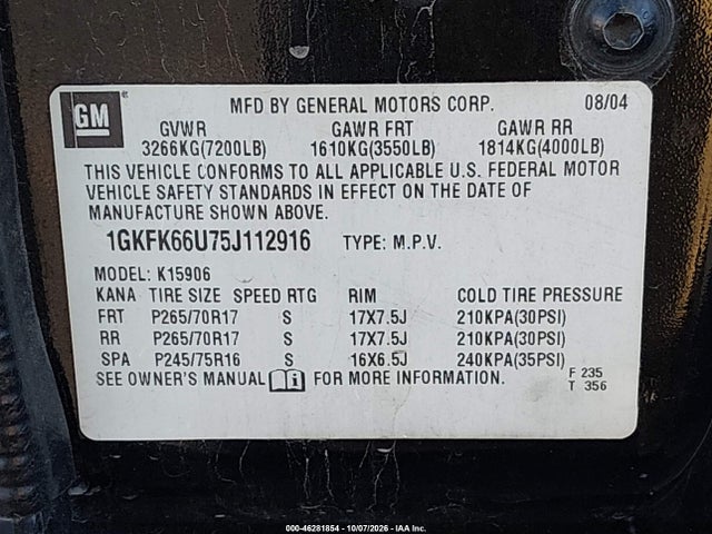 46281854 :رقم المزاد ، 1GKFK66U75J112916 vin ، 2005 Gmc Yukon Xl 1500 Denali مزاد بيع