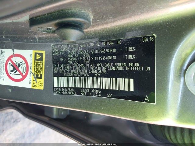 46281858 :رقم المزاد ، 5TDZKRFH0GS179036 vin ، 2016 Toyota Highlander Le V6 مزاد بيع