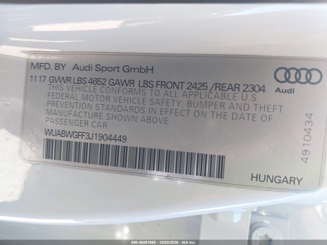2018 Audi Rs 3 2.5t მანქანა იყიდება აუქციონზე, vin: WUABWGFF3J1904449, აუქციონის ნომერი: 46281865