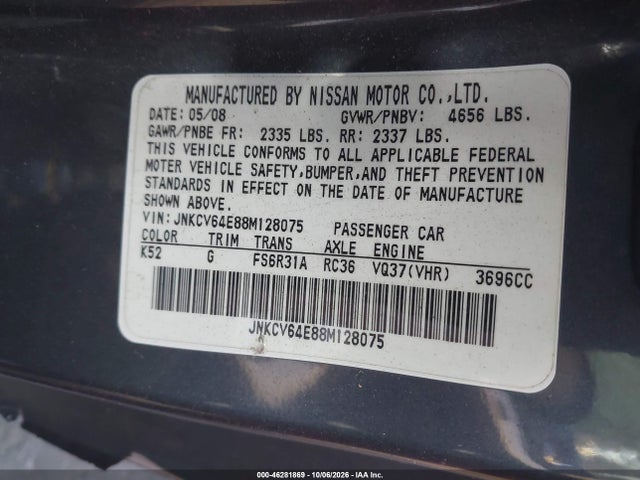 Aukcja sprzedaży 2008 Infiniti G37 Sport, vin: JNKCV64E88M128075, numer aukcji: 46281869