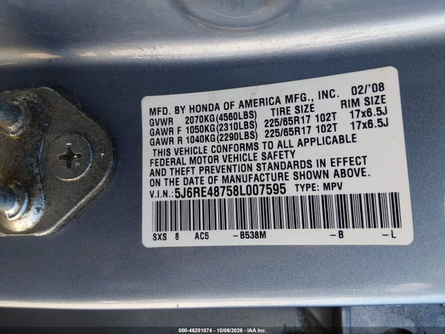 Продажа на аукционе авто 2008 Honda Cr-v Ex-l, vin: 5J6RE48758L007595, номер лота: 46281874
