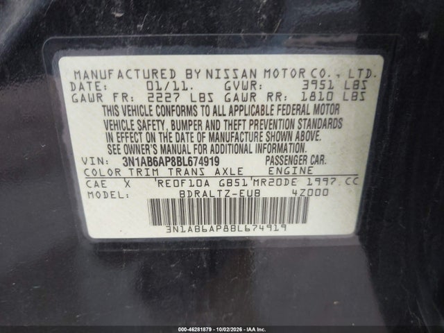 Aukcja sprzedaży 2011 Nissan Sentra 2.0s, vin: 3N1AB6AP8BL674919, numer aukcji: 46281879