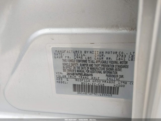 2014 Nissan Sentra Sv მანქანა იყიდება აუქციონზე, vin: 3N1AB7AP9EL654415, აუქციონის ნომერი: 46281897