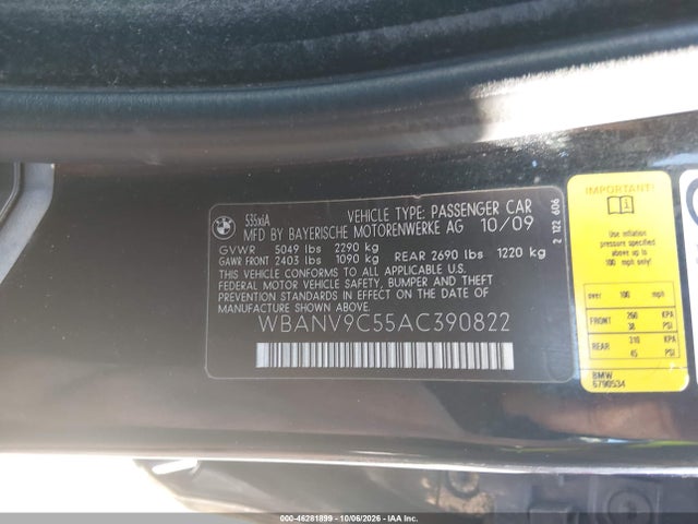 Aukcja sprzedaży 2010 Bmw 535i Xdrive, vin: WBANV9C55AC390822, numer aukcji: 46281899