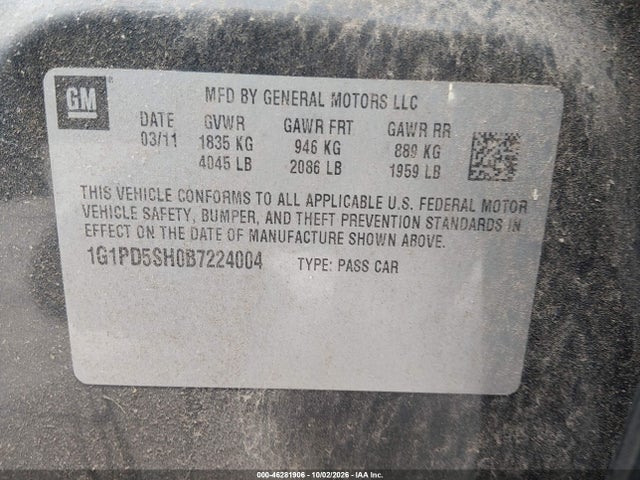 Продаж на аукціоні авто 2011 Chevrolet Cruze Ls, vin: 1G1PD5SH0B7224004, номер лоту: 46281906