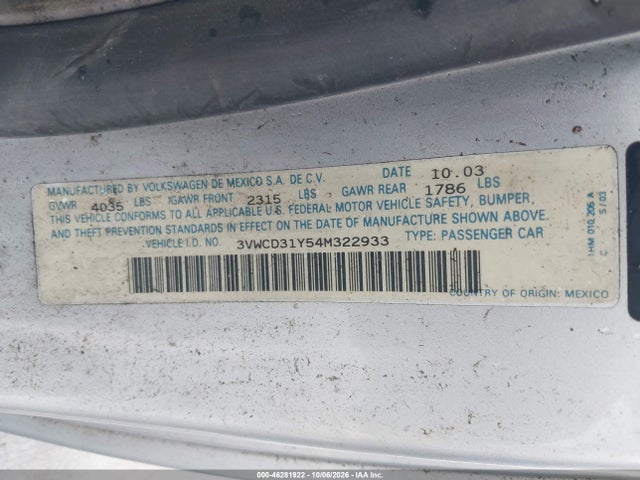 Продажа на аукционе авто 2004 Volkswagen New Beetle Gls 1.8t, vin: 3VWCD31Y54M322933, номер лота: 46281922