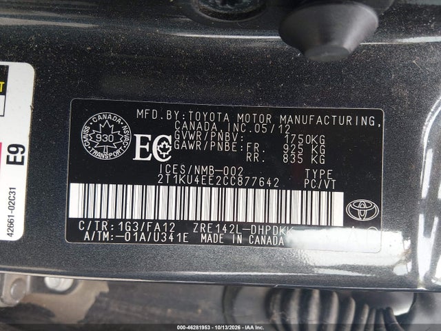 Aukcja sprzedaży 2012 Toyota Matrix, vin: 2T1KU4EE2CC877642, numer aukcji: 46281953