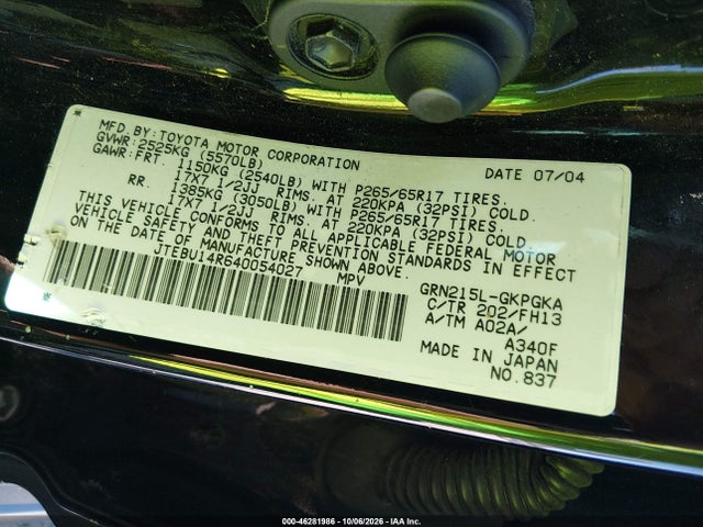 Продаж на аукціоні авто 2004 Toyota 4runner Sr5 Sport V6, vin: JTEBU14R640054027, номер лоту: 46281986