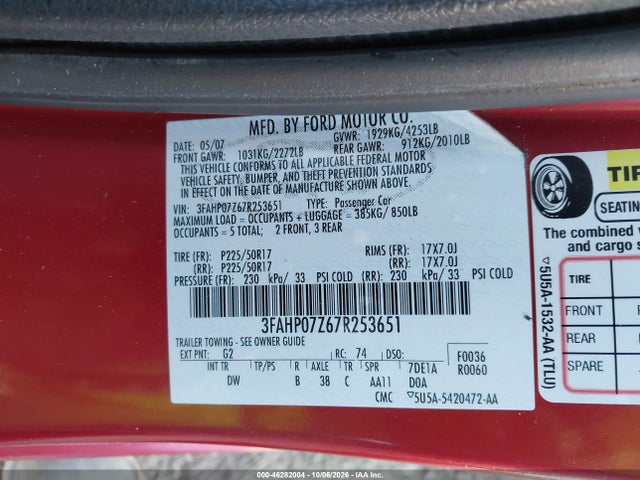 46282004 :رقم المزاد ، 3FAHP07Z67R253651 vin ، 2007 Ford Fusion Se مزاد بيع