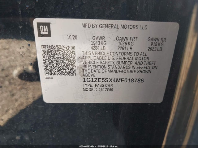 46282024 :رقم المزاد ، 1G1ZE5SX4MF018786 vin ، 2021 Chevrolet Malibu Fwd Premier مزاد بيع