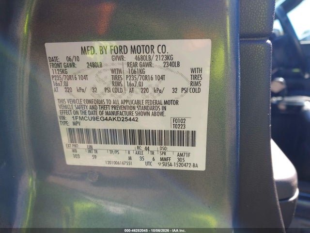 Продаж на аукціоні авто 2010 Ford Escape Limited, vin: 1FMCU9EG4AKD25442, номер лоту: 46282045