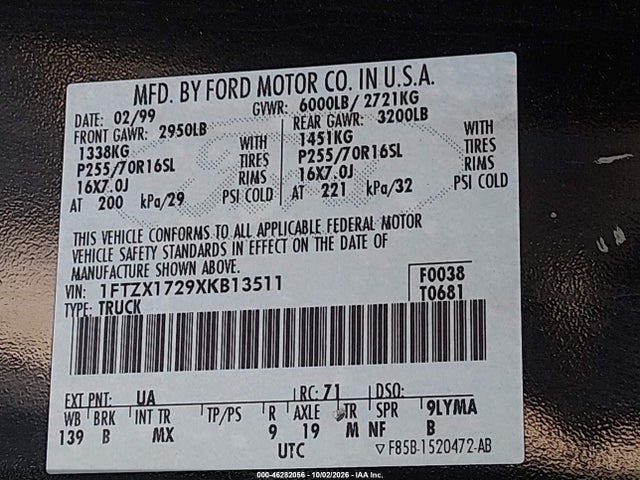 1999 Ford F-150 Work Series/xl/xlt მანქანა იყიდება აუქციონზე, vin: 1FTZX1729XKB13511, აუქციონის ნომერი: 46282056