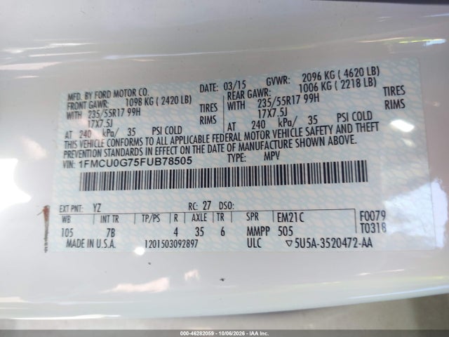 Aukcja sprzedaży 2015 Ford Escape Se, vin: 1FMCU0G75FUB78505, numer aukcji: 46282059