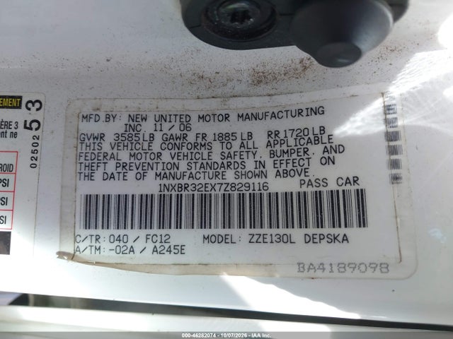 46282074 :رقم المزاد ، 1NXBR32EX7Z829116 vin ، 2007 Toyota Corolla S مزاد بيع