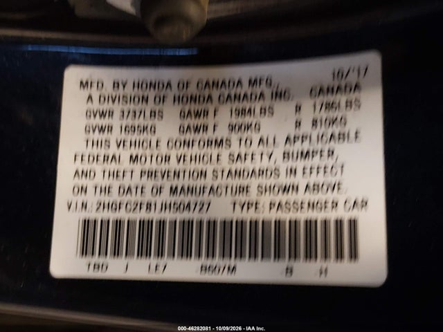 Продажа на аукционе авто 2018 Honda Civic Ex, vin: 2HGFC2F81JH504727, номер лота: 46282081