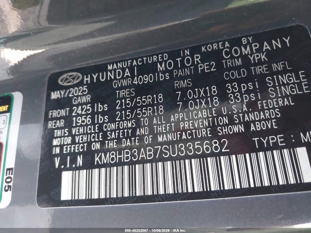 Aukcja sprzedaży 2025 Hyundai Kona Sel, vin: KM8HB3AB7SU335682, numer aukcji: 46282087