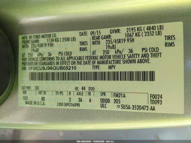 Aukcja sprzedaży 2016 Ford Escape Titanium, vin: 1FMCU9J96GUB05210, numer aukcji: 46282094