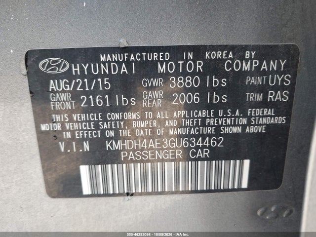 Продаж на аукціоні авто 2016 Hyundai Elantra Limited, vin: KMHDH4AE3GU634462, номер лоту: 46282098
