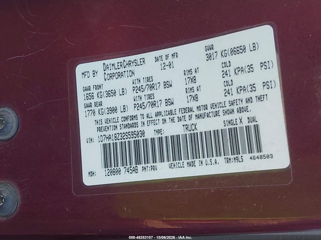 Aukcja sprzedaży 2002 Dodge Ram 1500 St, vin: 1D7HA18Z32S595030, numer aukcji: 46282107
