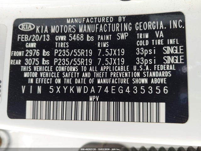 Aukcja sprzedaży 2014 Kia Sorento Sx V6, vin: 5XYKWDA74EG435356, numer aukcji: 46282128
