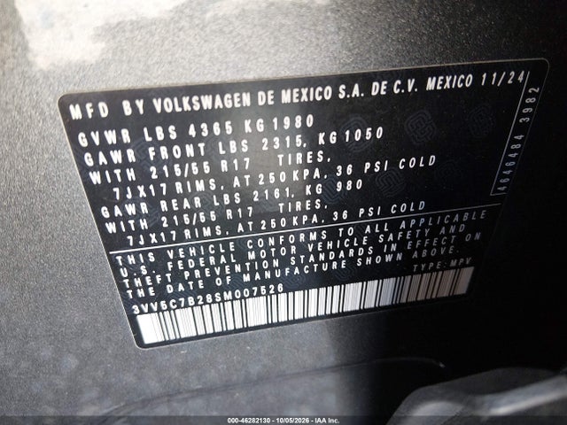 2025 Volkswagen Taos 1.5t S მანქანა იყიდება აუქციონზე, vin: 3VV5C7B28SM007526, აუქციონის ნომერი: 46282130