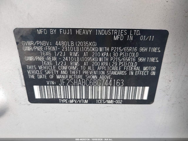 46282136 :رقم المزاد ، JF2SHABC6BG744163 vin ، 2011 Subaru Forester 2.5x مزاد بيع