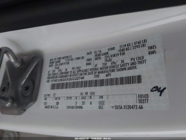 46282139 :رقم المزاد ، 1FMCU9GXXGUC22746 vin ، 2016 Ford Escape Se مزاد بيع