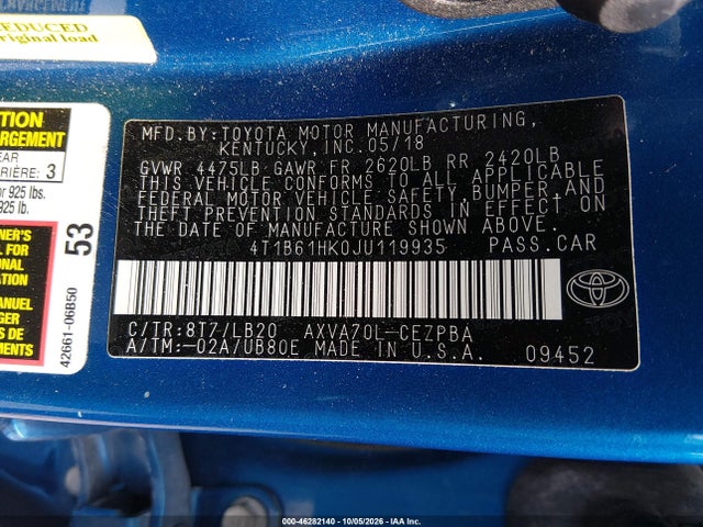 46282140 :رقم المزاد ، 4T1B61HK0JU119935 vin ، 2018 Toyota Camry Xse مزاد بيع